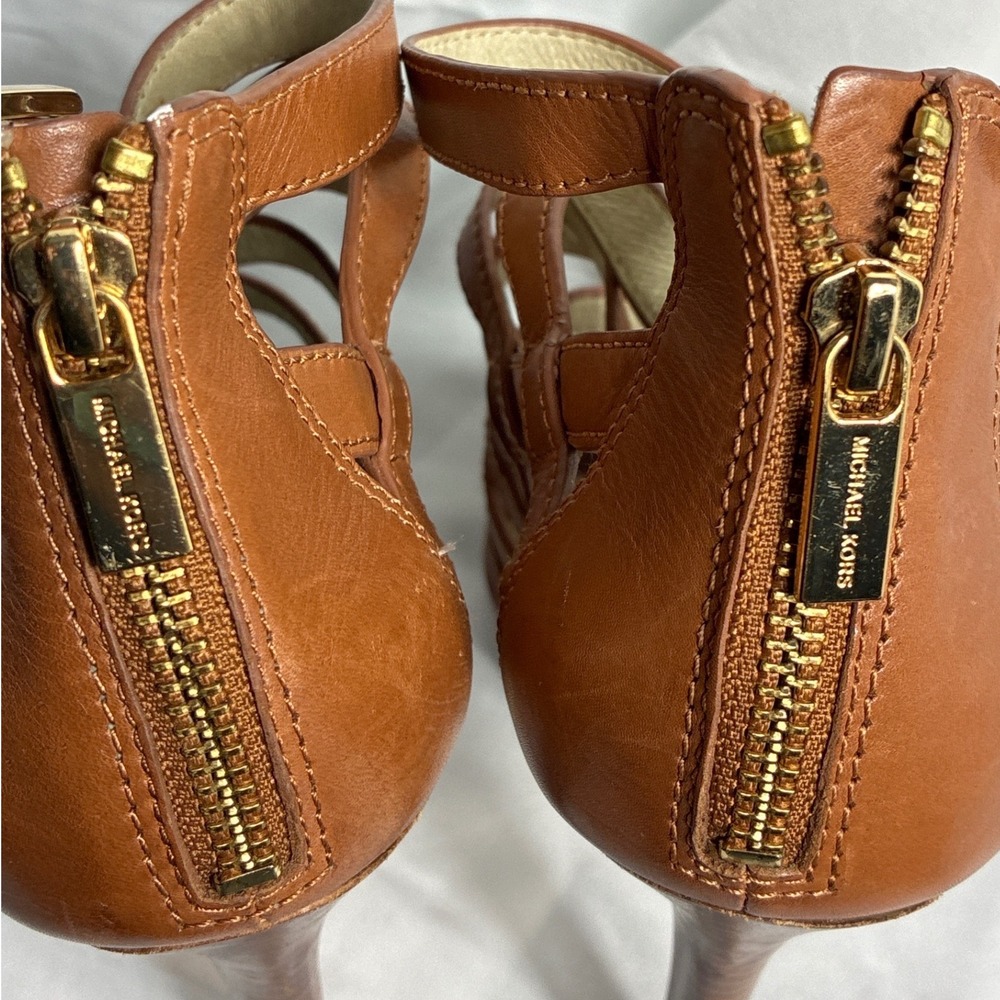 Michael Kors Tan Leather Strappy Gladiator Platform Heels Brown Gold Buckle 9.5M - Picture 9 of 10
